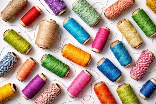 Collection of vivid thread and twine shown from overhead on white backdrop
