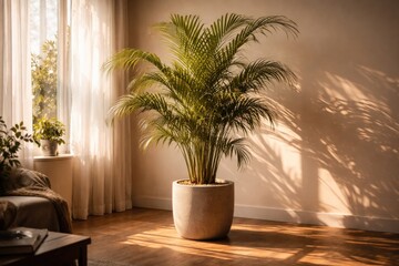 Fototapeta premium Areca palm plant in pot enjoying afternoon sun with elongated indoor shadows