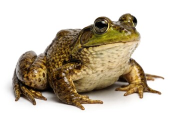Fototapeta premium Detailed studio photograph of an American bullfrog isolated on a white surface