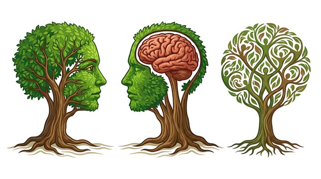 Conceptual artwork depicting the fusion of human minds and nature showcasing trees morphing into human head forms