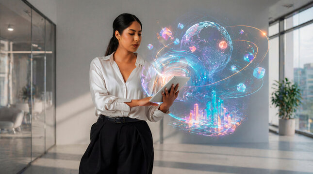 Business woman using tablet with holographic global data visualization