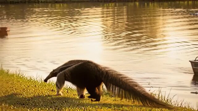 Lifting head, anteater walking and foraging ground near covered boat, tourists with hats filming