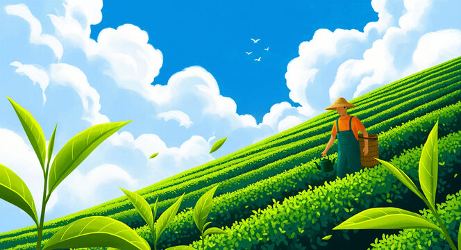 Farmer in a conical hat works in a lush green tea plantation on a sunny hillside. Vibrant illustration features white clouds and rows of tea plants. Ideal for tea branding and organic agriculture.