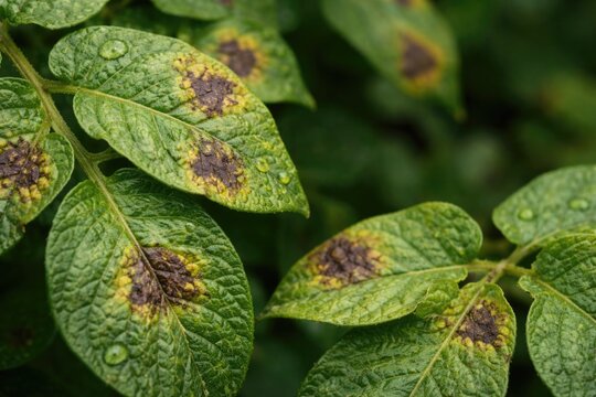 High magnification photo showing small dark lesions from early blight on potato leaves with copy space