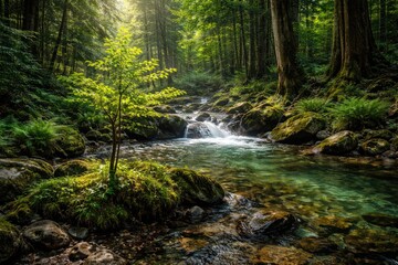 Fototapeta premium Lush forest environment with youthful tree by clear water stream