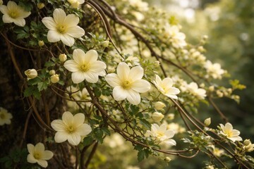 Obraz premium Early blooming pale yellow vine flower Wisely Cream growing on wild tree branches