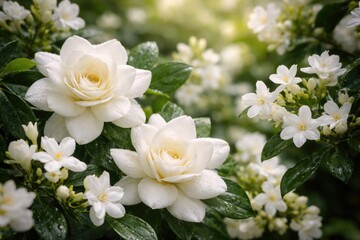 Fototapeta premium Fresh gardenia and jasmine flowers blooming with delicate petals