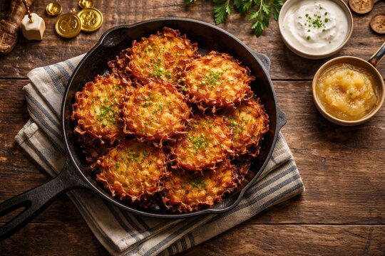 High angle capture of delicious Hanukkah potato latkes placed in iron skillet on rustic timber with copy space