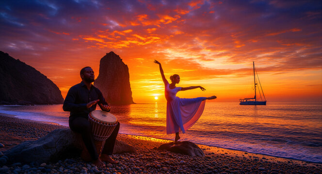 Man playing djembe drum while woman dances on beach at sunset. African percussionist and dancer performing by the ocean. Harmony and freedom concept for cultural and travel marketing.