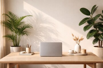 Fototapeta premium Clean desktop background with shadowed indoor plants in a contemporary modern home decor setting