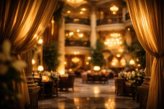 Opulent hotel atrium with softly lit golden curtains and classic vintage accents creating a blurred background perfect for design