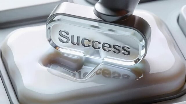 Lowering clear Success stamp on metal arm in studio, pressing, tilting, lifting, forming pad tick