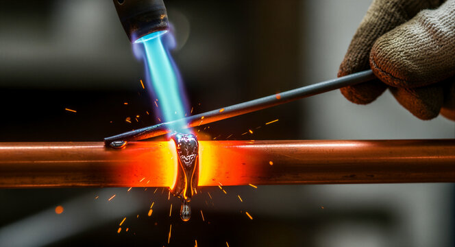 Soldering a copper pipe with a gas torch flame. A technician uses a welding rod on hot metal with glowing sparks. Industrial plumbing repair concept for trade service marketing.