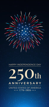 Banner 250th anniversary of USA. 250 years of independence. 4th of july 2026 usa independence day. US flag fireworks, golden text on dark blue sky background. Vector greeting card. Fourth of july