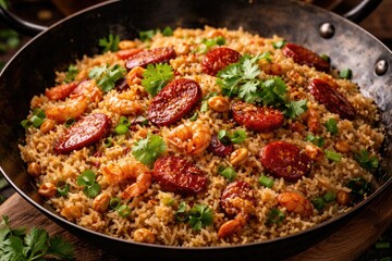 Fototapeta premium Chinese style wok fried rice with roasted pork sausage peanuts dried shrimp and coriander