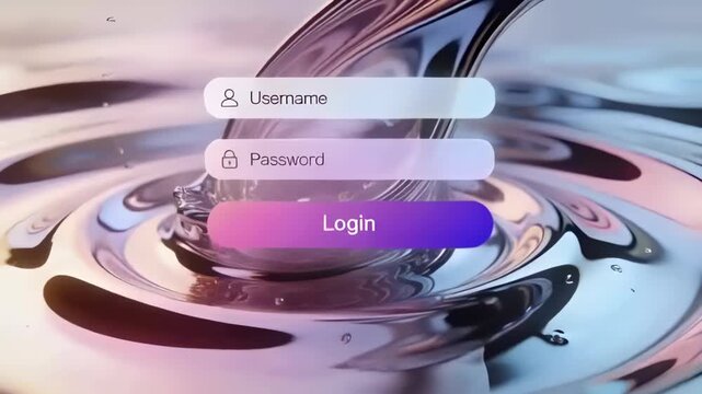 Floating login UI showing fields and button over glossy liquid as droplet impact creating ripples