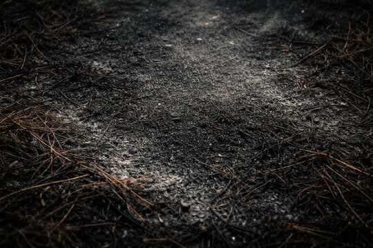 Burned grass ashes scattered surface backdrop with copy space