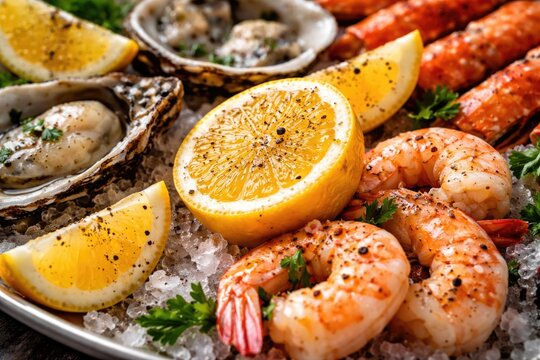 Close-up of seafood featuring lemon wedges and cracked black pepper