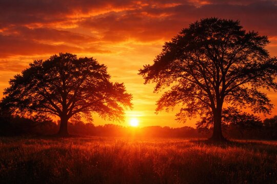 Orange and yellow sunset backlighting two distinct tree shapes