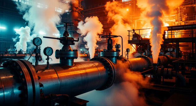 Heavy industrial pipes and valves emitting thick steam in a steel mill factory. Intense orange fire glow and blue lighting illuminate the machinery. Professional engineering and energy concept.