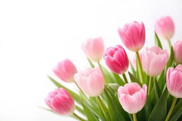 Naklejka premium Bright isolated tulips in pink shades with white background and copy space