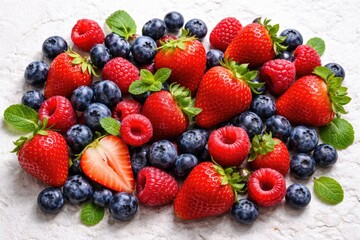 Obraz premium Juicy variety of strawberries blueberries and raspberries artistically laid out on white stone