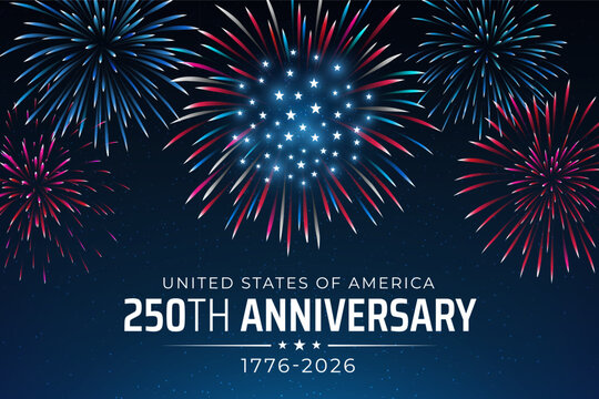 Banner 250th anniversary of USA. 250 years of independence. 4th of july 2026 usa independence day, vector greeting card. US flag fireworks on dark sky background. Blue sky background. Fourth of july