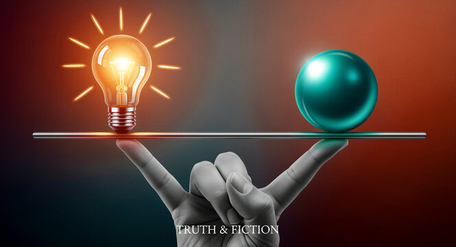 Hand balancing a glowing light bulb and a teal sphere on a horizontal bar. Conceptual metaphor for truth versus fiction and weighing facts. Useful for media literacy and critical thinking topics.