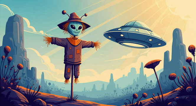 Alien scarecrow standing in a desert as a UFO flies overhead. Vibrant sci-fi illustration of an extraterrestrial landscape. Creative concept art ideal for posters and fantasy storytelling.