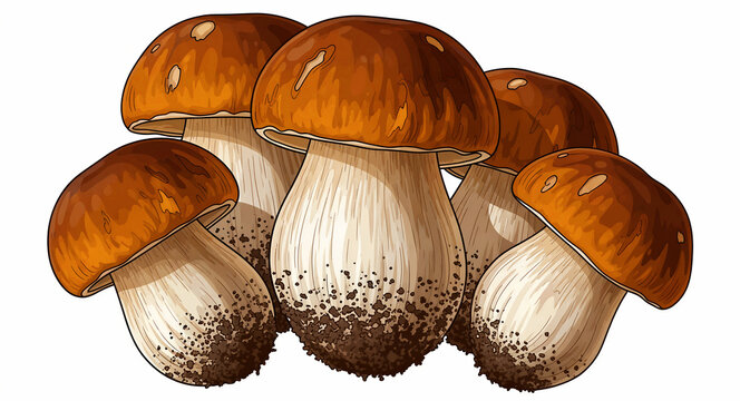 Group of fresh porcini mushrooms illustrated on a white background. Detailed drawing of brown caps and thick stalks of wild Boletus edulis. Forest harvest concept ideal for culinary design.