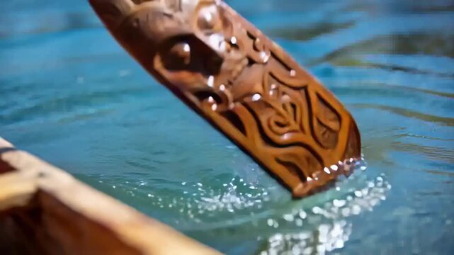 Starting down stroke, mask-carved wooden paddle dipping into clear water by hull, drawing ripples