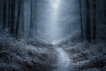 Fototapeta premium Chilly winter fog over a cleared forest path with frost