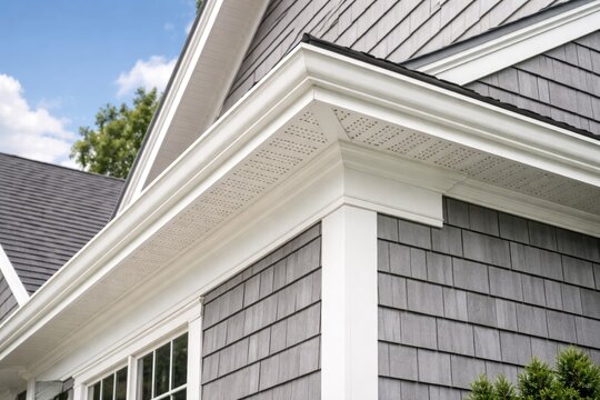 Gray shingle siding home showcasing white soffit airflow system and white trimboard with crown molding detail