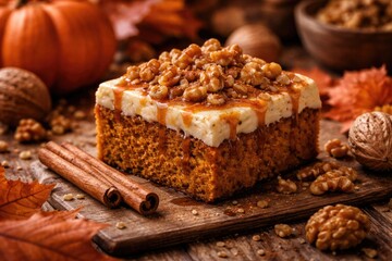 Fototapeta premium Delicious autumn treat with spiced pumpkin, walnuts, and cinnamon