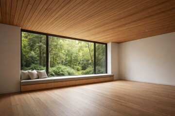 Fototapeta premium Open contemporary empty interior with wooden plank ceiling and expansive window seat facing greenery