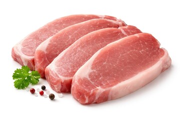Fototapeta premium Closeup of pork slices on a white background enhanced by clipping path