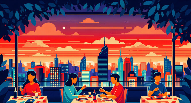 People dining at a rooftop restaurant overlooking a city skyline at sunset. Stylized illustration of friends eating outdoors amidst skyscrapers. Urban leisure concept for travel and dining ads.
