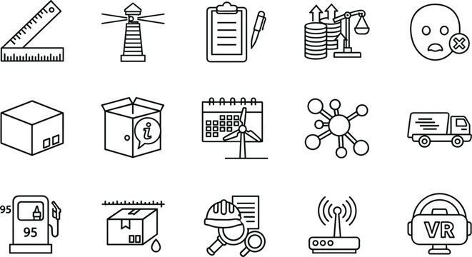 Logistics and technology line icons set delivery network warehouse checklist vr connectivity vector outline collection for modern interfaces