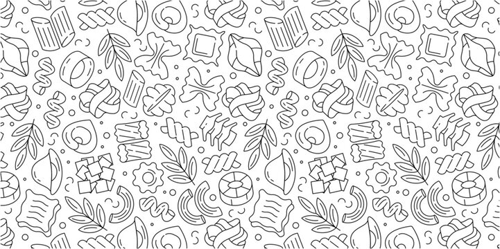 Italian pasta seamless pattern outline, linear food background, repeat texture illustration