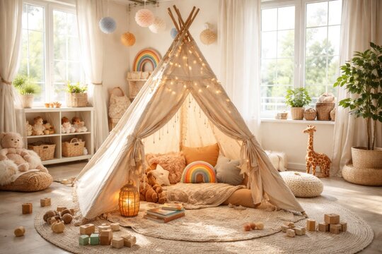 Kids boho style wigwam play tent set up in a cheerful nursery environment