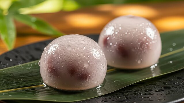 Translucent mizu manju cakes with red bean filling covered in fresh water droplets on a green bamboo leaf against a sunlit garden background. Refreshing summer japanese dessert concept