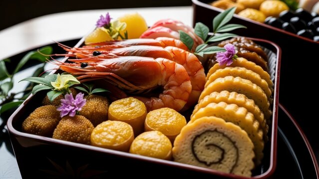 Traditional japanese osechi ryori new year festive food in black lacquer bento box featuring king prawns, datemaki omelet and roe on dark background. Celebration of japanese new year concept