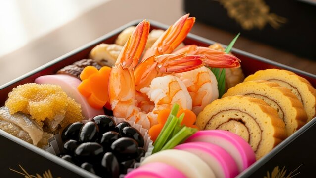 Close up of festive osechi ryori dishes including boiled shrimp, black beans, datemaki omelet and kamaboko in a black lacquer box. Japanese new year celebration and culinary concept