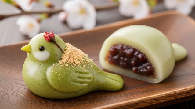 Spring japanese wagashi dessert shaped like a green bird with matcha powder and red bean paste filling on wooden plate with cherry blossoms. Concept of spring coming and zen aesthetics