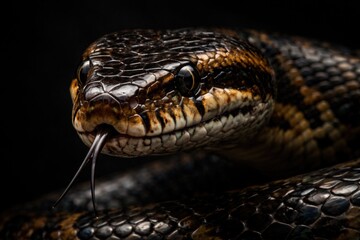 Fototapeta premium Close-up portrait of a snake with glossy scales set on a dark plain background