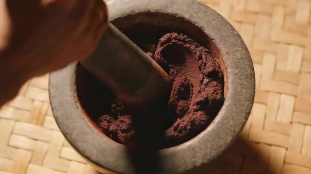 Grinding forearm pressing pestle turning red powder into paste on woven mat in kitchen with mortar