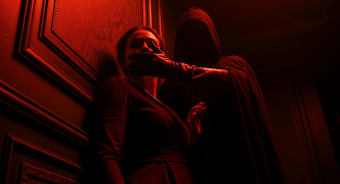 Hooded figure covering a woman's mouth in a dark room with red lighting. Scene depicts kidnapping or silencing in a gothic setting. Thriller concept ideal for crime mystery and suspense media.