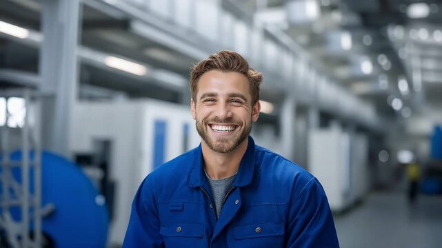 Medium shot of one happy male factory worker smiling in bright plant cinematic