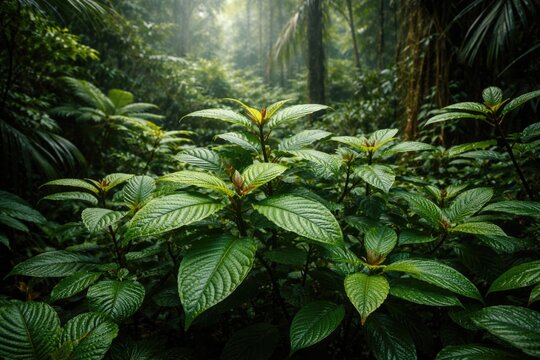 Dense tropical vegetation featuring kratom shrubs and lush leaves