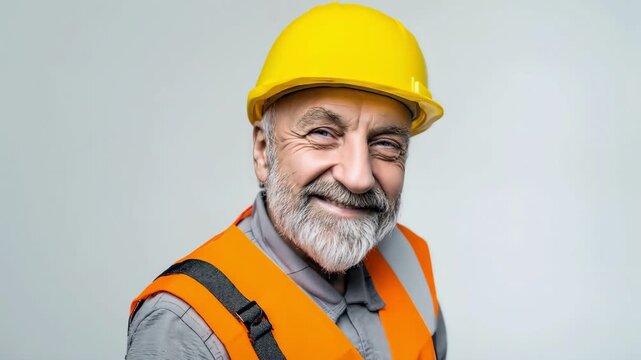 Close up of one senior male builder in yellow hard hat smiling in studio style